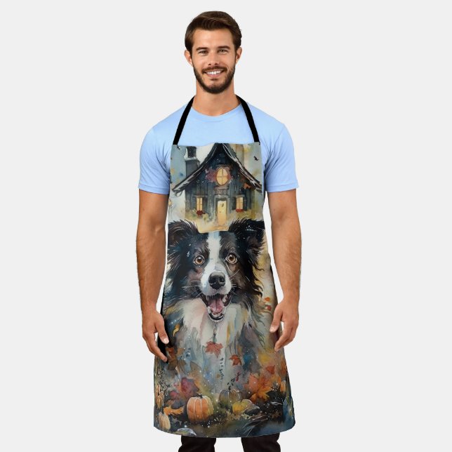 Halloween Border Collie With Pumpkins Scary  Apron (Worn)