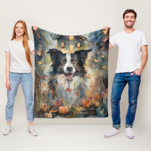 Halloween Border Collie With Pumpkins Scary Fleece Blanket