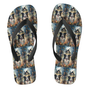 Halloween Border Collie With Pumpkins Scary Flip Flops