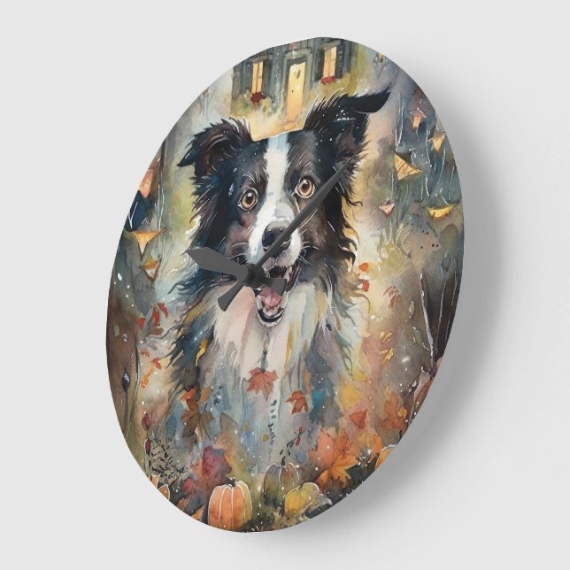 Halloween Border Collie With Pumpkins Scary Large Clock (Angle)