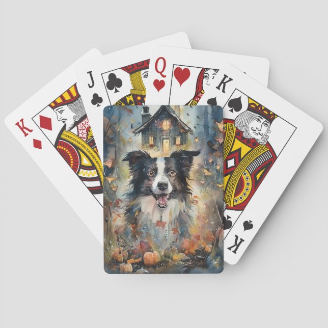 Halloween Border Collie With Pumpkins Scary Playing Cards (Back)
