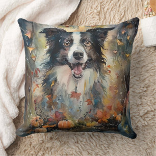 Halloween Border Collie With Pumpkins Scary Throw Pillow