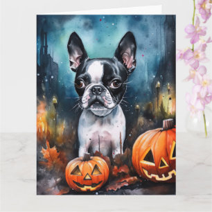 Halloween Boston Terrier With Pumpkins Scary  Card