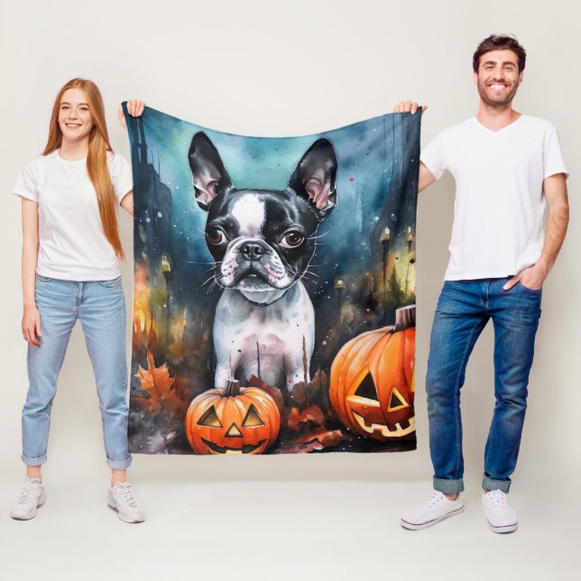 Halloween Boston Terrier With Pumpkins Scary  Fleece Blanket (In Situ)