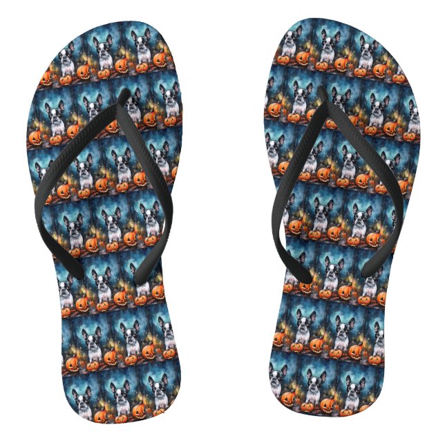Halloween Boston Terrier With Pumpkins Scary  Flip Flops (Footbed)
