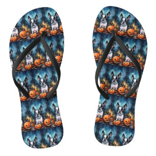 Halloween Boston Terrier With Pumpkins Scary  Flip Flops