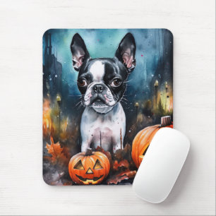 Halloween Boston Terrier With Pumpkins Scary  Mouse Pad