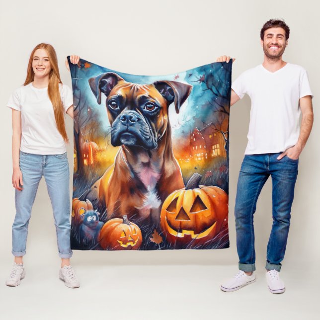 Halloween Boxer With Pumpkins Scary Fleece Blanket (In Situ)