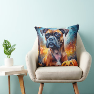 Halloween Boxer With Pumpkins Scary Throw Pillow