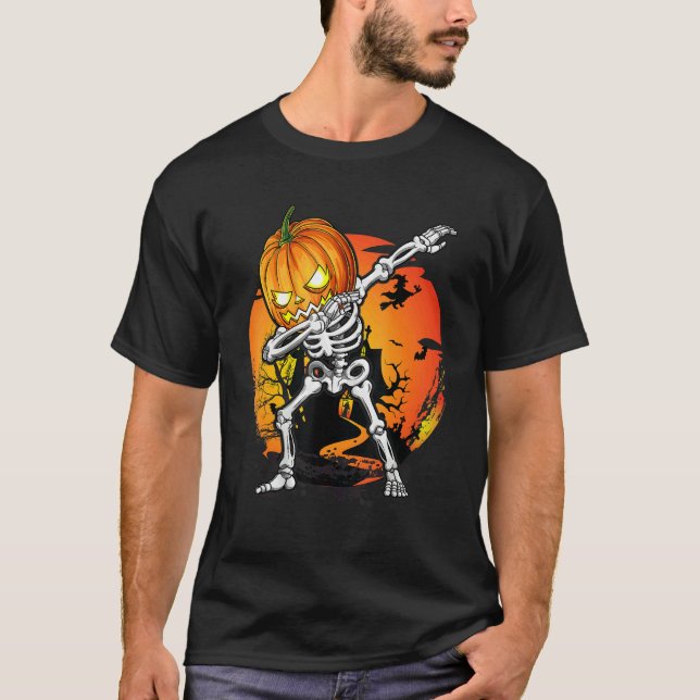 Halloween Boys Dabbing Skeleton Scary Pumpkin Jack T-Shirt (Front)