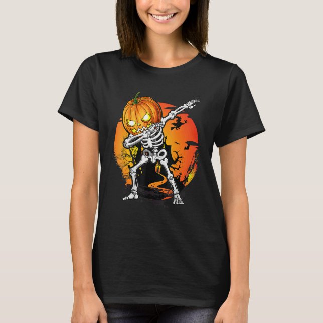 Halloween Boys Dabbing Skeleton Scary Pumpkin Jack T-Shirt (Front)