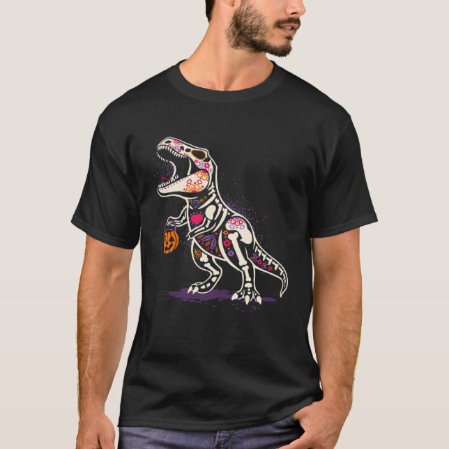 Halloween Boys Dinosaur Skeleton rex Scary Pumpkin T-Shirt (Front)