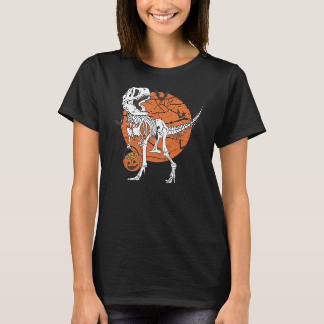 Halloween Boys Dinosaur Skeleton T Rex Scary Pumpk T-Shirt (Front)
