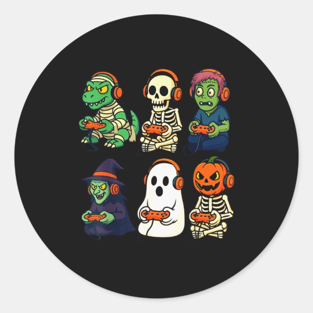 Halloween Boys Kids Gamer Dinosaur Skeleton Ghost  Classic Round Sticker (Front)