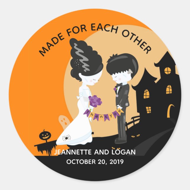Halloween Bride Frankenstein Wedding Thank you  Cl Classic Round Sticker (Front)