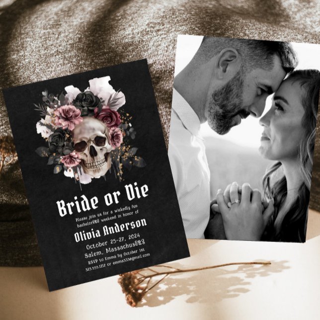 Halloween Bride or Die Floral Skull Bachelorette Invitation (Creator Uploaded)