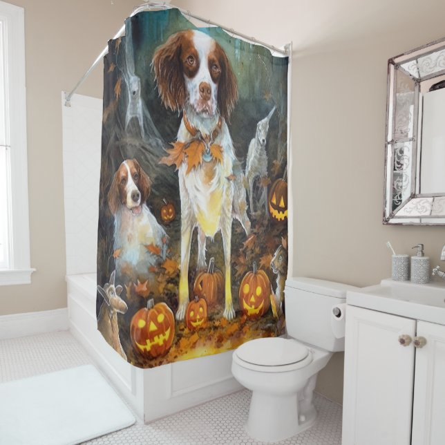 Halloween Brittany Spaniel With Pumpkins Scary (In Situ)