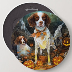 Halloween Brittany Spaniel With Pumpkins Scary 6 Inch Round Button