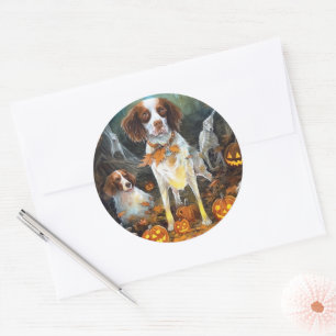 Halloween Brittany Spaniel With Pumpkins Scary Classic Round Sticker