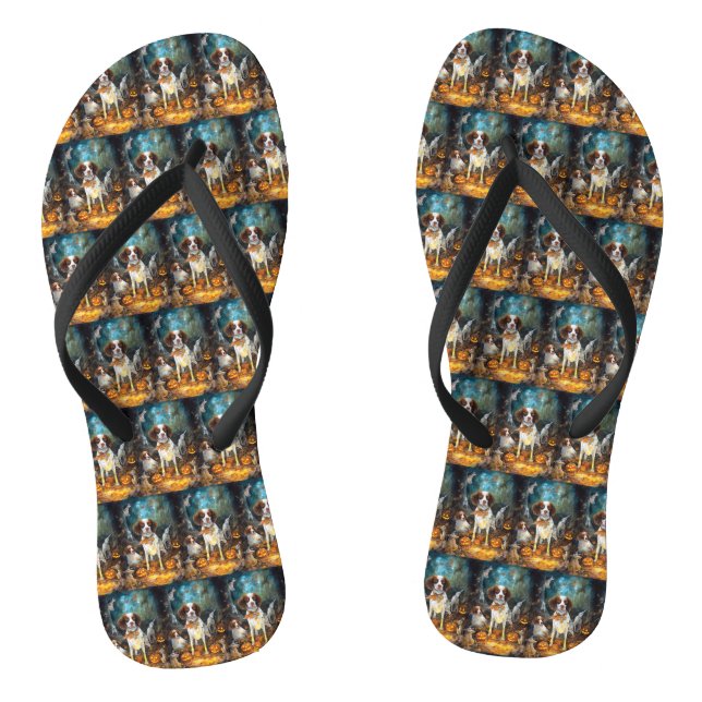 Halloween Brittany Spaniel With Pumpkins Scary Flip Flops (Footbed)