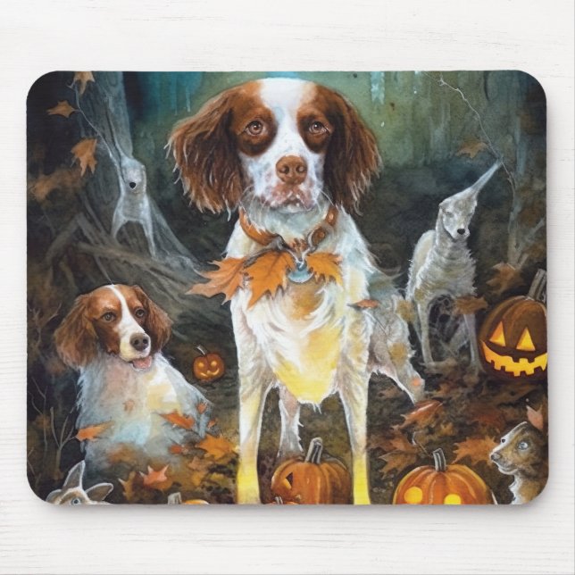 Halloween Brittany Spaniel With Pumpkins Scary Mouse Pad (Front)