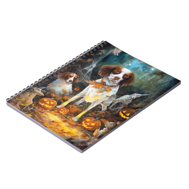 Halloween Brittany Spaniel With Pumpkins Scary Notebook (Left Side)