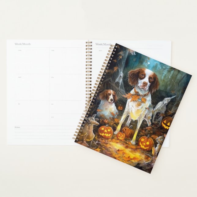 Halloween Brittany Spaniel With Pumpkins Scary Planner (Display)
