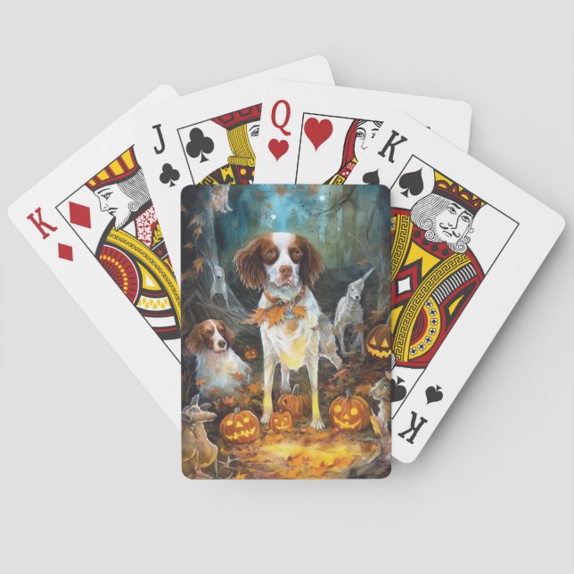 Halloween Brittany Spaniel With Pumpkins Scary Playing Cards (Back)