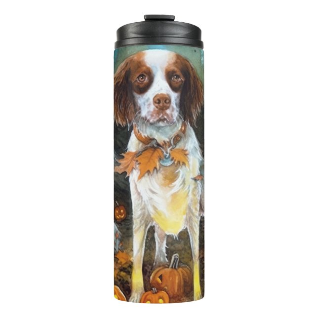 Halloween Brittany Spaniel With Pumpkins Scary Thermal Tumbler (Front)