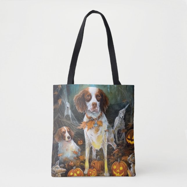Halloween Brittany Spaniel With Pumpkins Scary Tote Bag (Front)