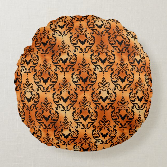 Halloween Brocade Spider Pattern Copper Black Round Pillow (Front)