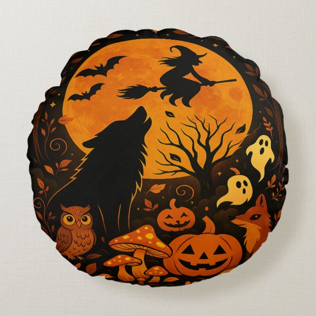 Halloween Broom Flying Witch and Moon Round Pillow (Front)
