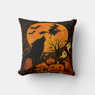 Halloween Broom Flying Witch and Moon Throw Pillow