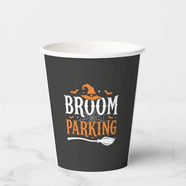 Halloween Broom Parking Witch Hat Graphic Paper Cups (Front)
