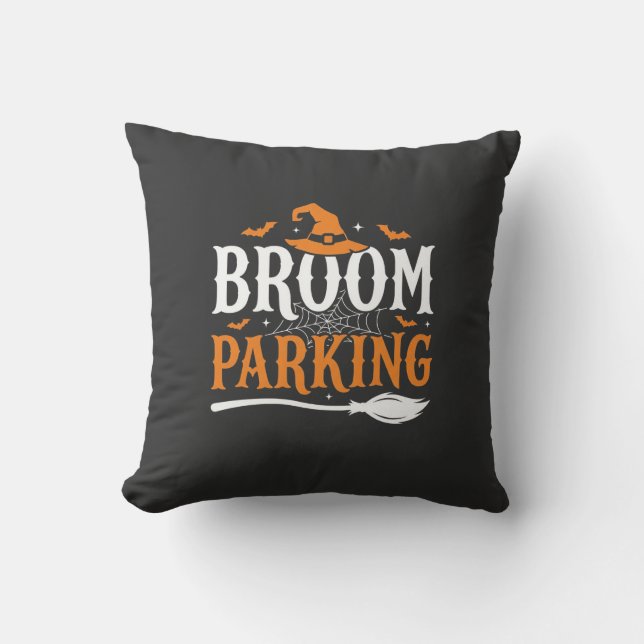 Halloween Broom Parking Witch Hat Graphic Throw Pillow (Front)