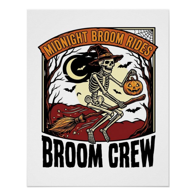 Halloween Broom Rides Vintage Skeleton Witch Graph Poster (Front)