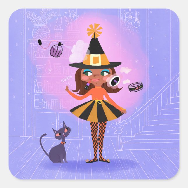 Halloween Brown Hair Witch Lavender & Pink  Square Sticker (Front)