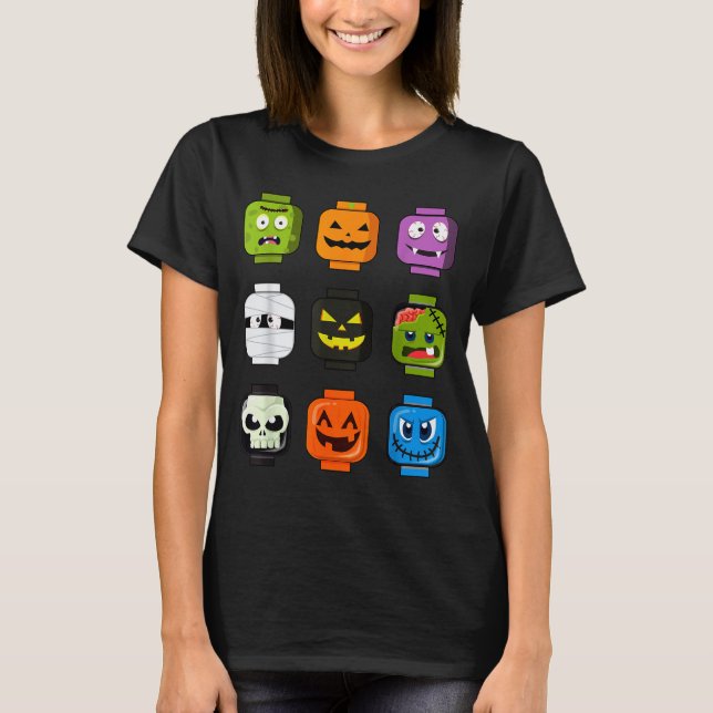 Halloween Building Brick Heads Pumpkin Zombie Ghos T-Shirt (Front)
