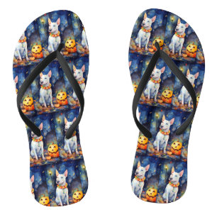Halloween Bull Terrier With Pumpkins Scary Flip Flops