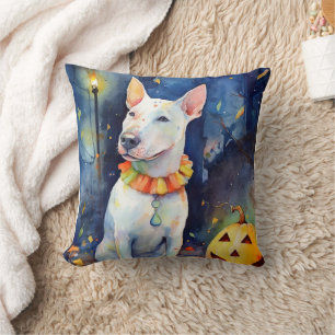 Halloween Bull Terrier With Pumpkins Scary  Throw Pillow