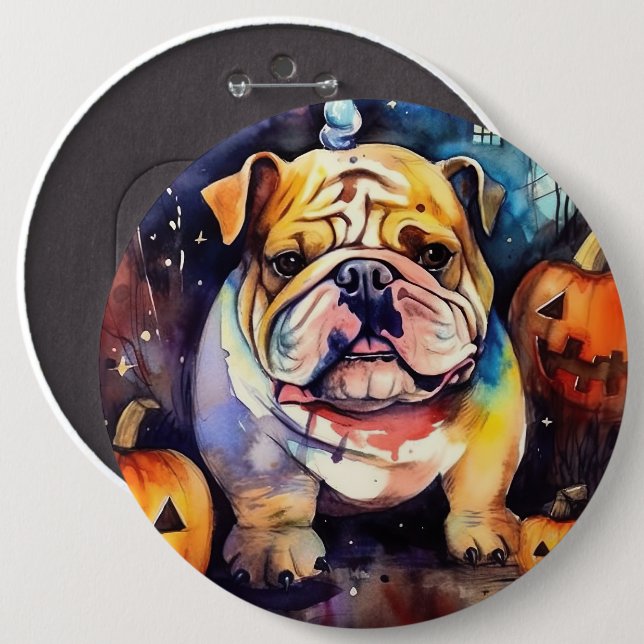 Halloween Bulldog With Pumpkins Scary 6 Inch Round Button (Front & Back)