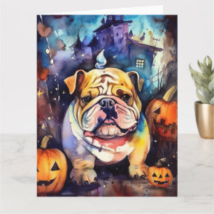 Halloween Bulldog With Pumpkins Scary Card