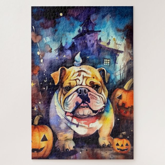 Halloween Bulldog With Pumpkins Scary Jigsaw Puzzle (Vertical)