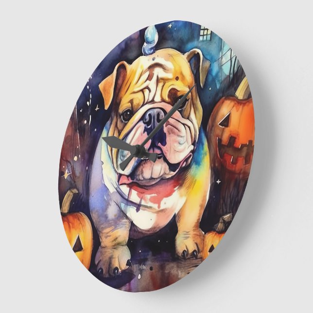Halloween Bulldog With Pumpkins Scary Large Clock (Angle)