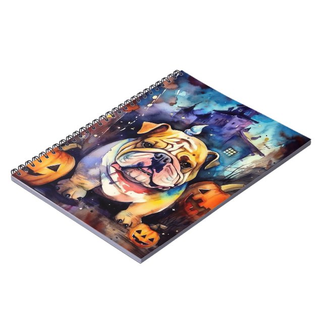 Halloween Bulldog With Pumpkins Scary Notebook (Left Side)