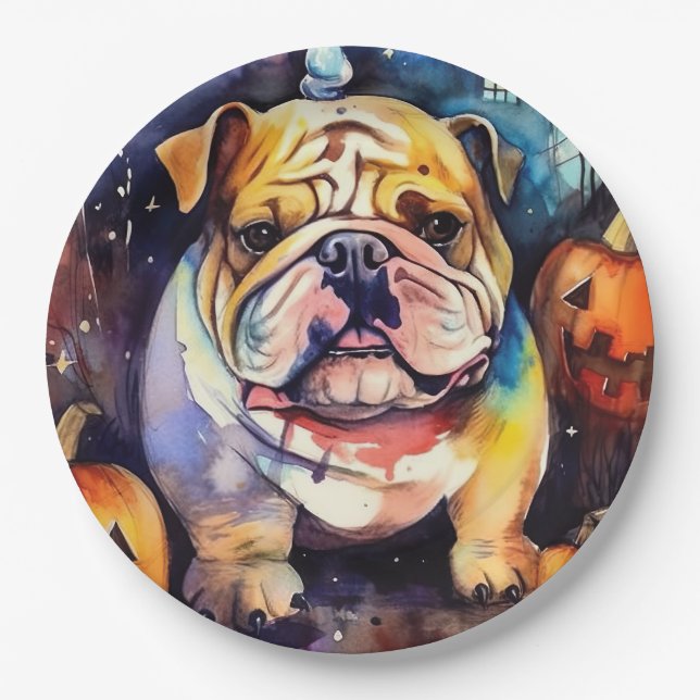 Halloween Bulldog With Pumpkins Scary Paper Plate (Front)