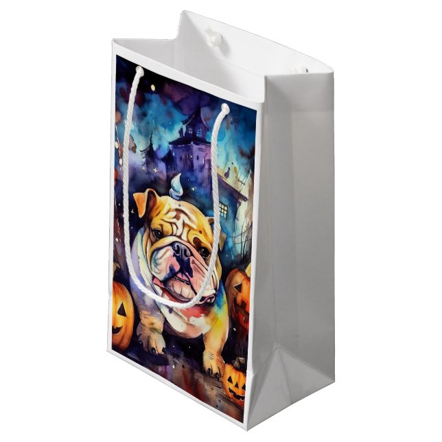 Halloween Bulldog With Pumpkins Scary Small Gift Bag (Front Angled)