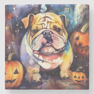 Halloween Bulldog With Pumpkins Scary Stone Coaster