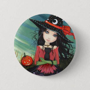 Halloween Button Pin Witch Cat Art