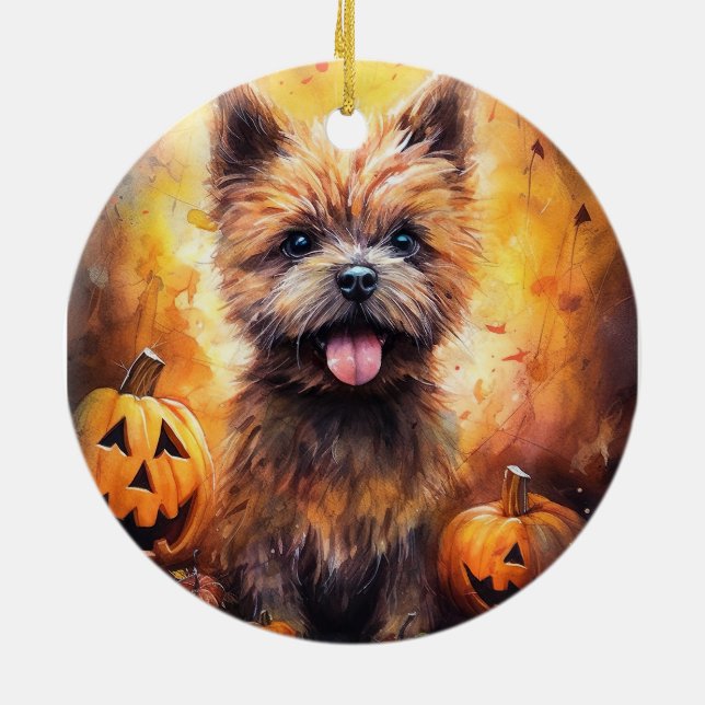 Halloween Cairn Terrier With Pumpkins Scary  Ceramic Ornament (Back)